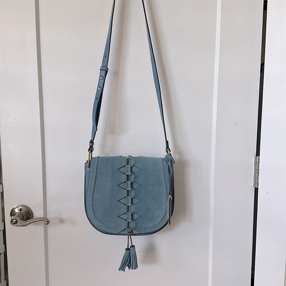 Vince Camuto “Ancel Suede Crossbody Bag” Blue Tassels Fringe - Picture 7 of 14